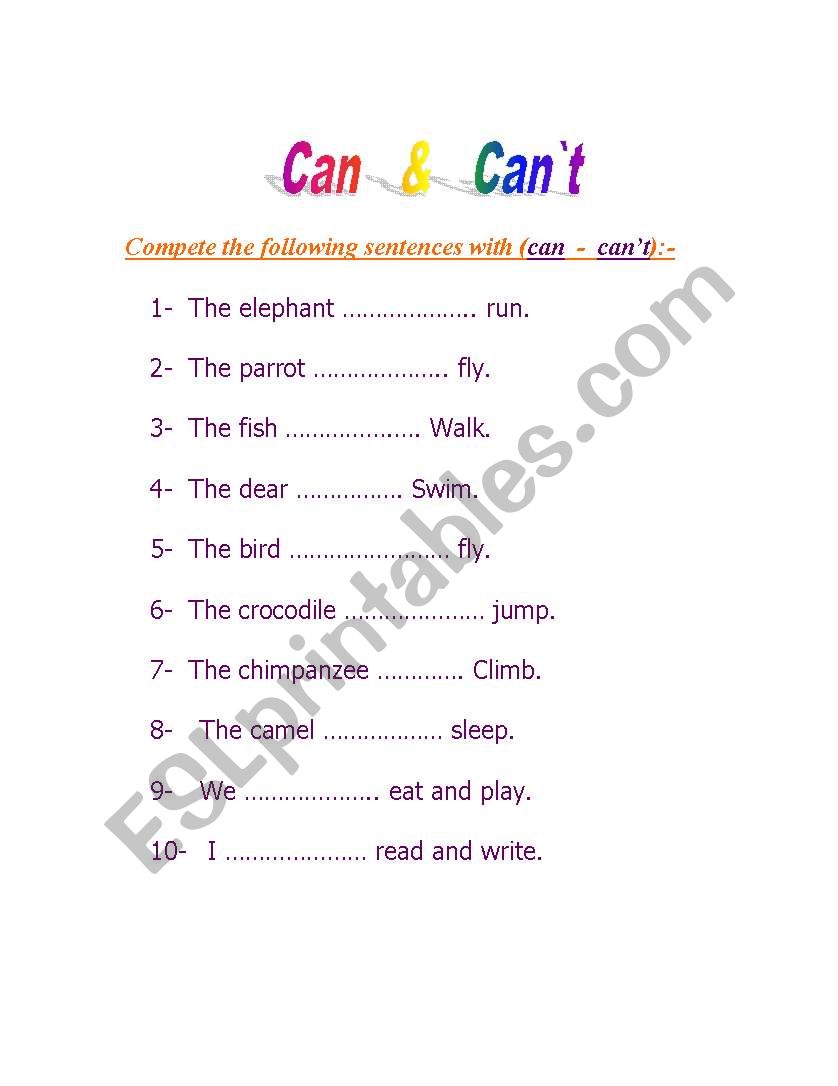 can  -  can`t worksheet